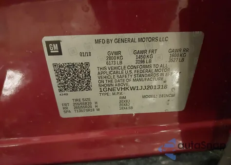 2018 Chevrolet Traverse 3Lt z USA, uszkodzony, nr VIN 1GNEVHKW1JJ201318